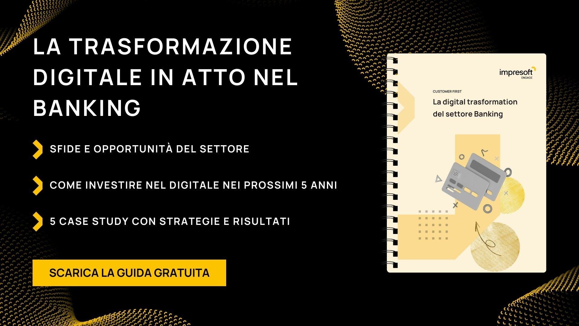 Immagine che illustra la trasformazione digitale nel settore finanziario, evidenziando una call to action per scaricare una guida gratuita.