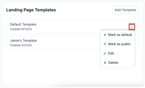 Landing Page Template Actions 