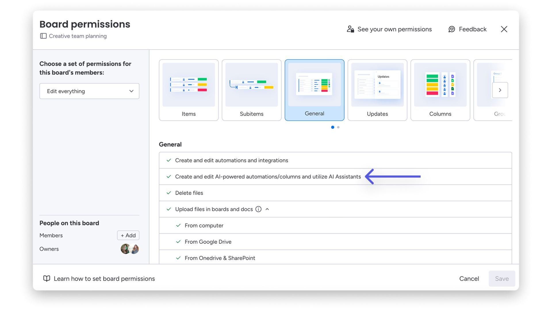 monday sidekick - board permissions