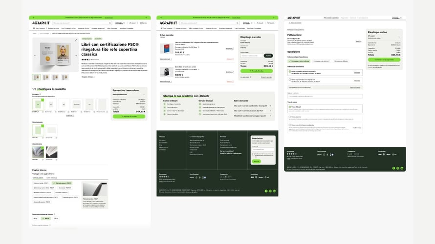 Visualizzazione dell'eCommerce 4Graph con sfondo verde e bianco, evidenziando un aspetto minimalista
